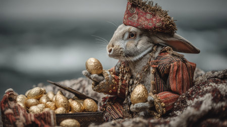 A whimsical rabbit dressed in royal attire holds golden eggs near a treasure chest. The charming scene blends fantasy and nature, creating a playful and intriguing visual.の素材