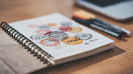 A vibrant creative workspace featuring a sketchbook filled with colorful circles, pens, and a laptop on a wooden table, ideal for design and inspiration.の素材