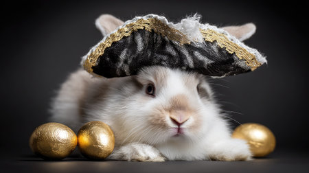 This charming rabbit dons a playful pirate hat, surrounded by shiny golden eggs. A delightful image perfect for Easter celebrations or themed events.の素材