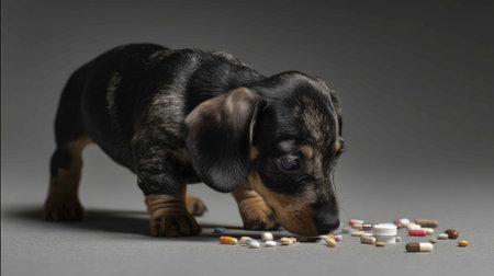 A curious dachshund puppy investigates a colorful array of pills scattered on a gray surface, embodying playful innocence and the importance of health awareness.の素材