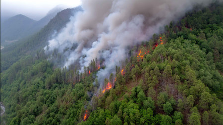 A dramatic aerial view shows a wildfire consuming a forested mountainside, with thick smoke swirling above and flames illuminating the landscape.の素材