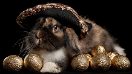 This adorable rabbit, dressed in a pirate hat, poses with shiny golden eggs against a black background. A whimsical and charming portrait suitable for various themes.の素材