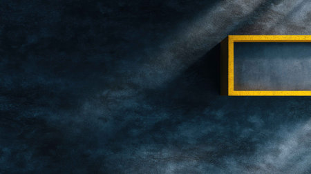 A dark textured wall with a striking yellow frame creates a compelling contrast, enhanced by soft light and shadows, perfect for minimalist design themes.の素材