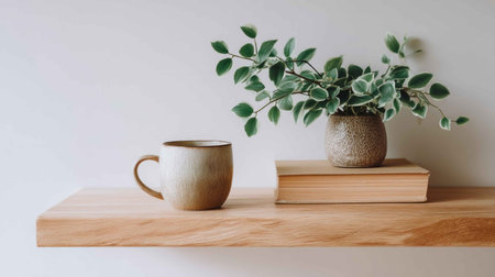 A serene display of a mug and books on a wooden shelf, accented by a lush potted plant. Perfect for illustrating modern minimalist home decor.の素材