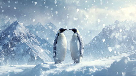 Two cute penguins share a tender moment against a stunning winter backdrop, surrounded by heart-shaped snowflakes and majestic mountains, symbolizing love.の素材