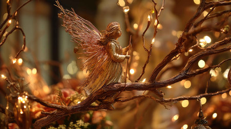 A delicate fairy figurine sits gracefully on a branch, illuminated by warm twinkling lights, creating a magical ambiance perfect for seasonal decor and enchanting celebrations.の素材