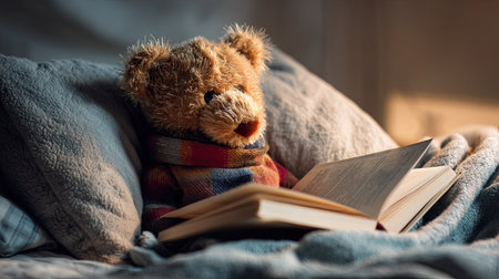 A charming teddy bear, dressed in a cozy scarf, enjoys a peaceful reading moment in a softly lit bedroom, evoking feelings of warmth and nostalgia.の素材