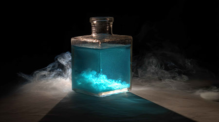 This image features a glass bottle filled with turquoise liquid, surrounded by ethereal smoke. The interplay of light creates a captivating atmosphere, ideal for mystical themes.の素材