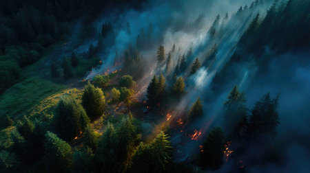 This stunning aerial photograph captures a forest fire scene, portraying smoke billowing through trees with sunlight rays piercing the haze, showcasing nature's drama.の素材