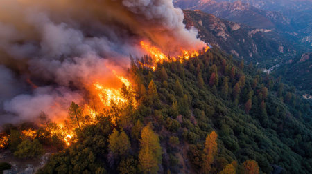 A striking aerial view captures a wildfire raging through a forested area, with billowing smoke and vivid flames illuminating the landscape.の素材