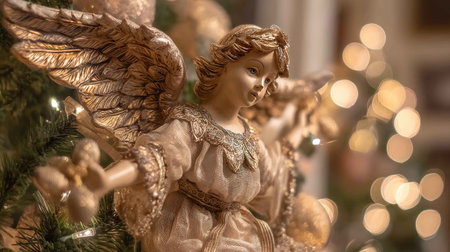 This beautiful Christmas angel ornament captures the essence of the holiday season, featuring intricate details and soft bokeh lights that create a warm atmosphere.の素材