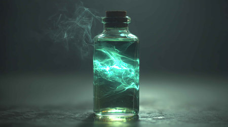 A mesmerizing glass bottle filled with glowing turquoise mist creates an ethereal atmosphere. The gentle swirl and illumination evoke a sense of mystery and wonder.の素材