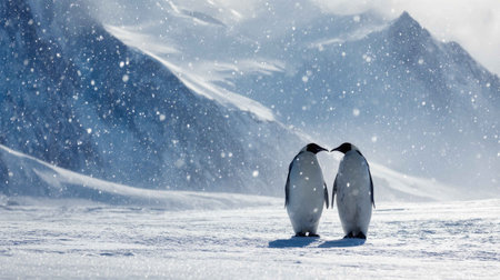 Two penguins enjoy a tender moment amid a snowy landscape in Antarctica. The serene atmosphere captures the beauty of wildlife and nature's tranquility.の素材