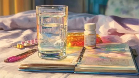 A serene scene featuring a glass of water on an open notebook, accompanied by medication and colorful pill packs, creating an atmosphere of health and organization.の素材