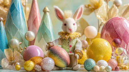 A charming Easter bunny sits amidst a delightful array of colorful ornaments and pastel decorations, capturing the essence of festive celebration and spring joy.の素材