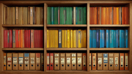 A vibrant display of organized files and folders on a wooden shelf. This image captures the essence of a tidy workspace, ideal for office and study environments.の素材