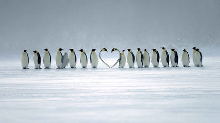 A captivating scene of emperor penguins forming a heart shape on a snowy landscape in Antarctica, showcasing their unique social behavior and affection.の素材