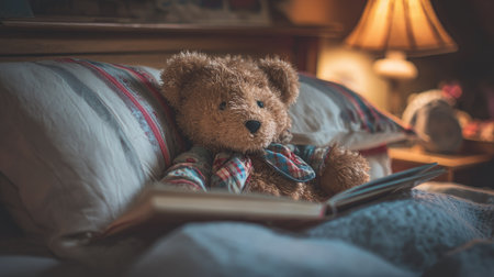 A cozy teddy bear sits in bed, surrounded by soft pillows and a warm lamp, holding a book. This charming scene captures comfort and childhood tranquility.の素材
