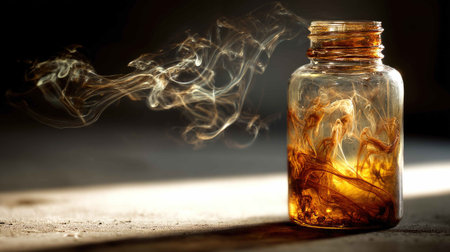 A captivating image showcasing a glass jar filled with colorful liquid and swirling smoke. The interplay of light and shadow creates a serene and artistic atmosphere.の素材