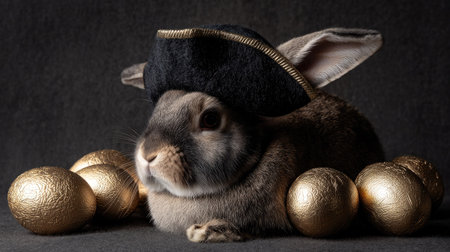 Adorable rabbit in a pirate hat surrounded by golden eggs creates a whimsical and playful atmosphere, perfect for festive celebrations or creative themes.の素材