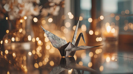A beautifully crafted origami crane sits on a reflective surface, illuminated by soft bokeh lights. The scene evokes tranquility and artistry, perfect for design inspiration.の素材
