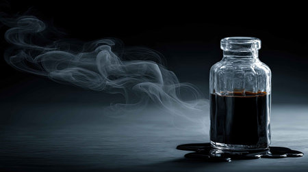 A captivating image of a glass bottle containing dark liquid, emitting wisps of smoke against a black background. The contrast and reflections create an artistic atmosphere.の素材