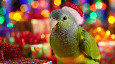 A colorful parrot wearing a Santa hat brings festive cheer to any holiday scene. Surrounded by gifts and bright lights, this playful bird embodies the spirit of Christmas.の素材