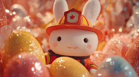 Adorable bunny character in a firefighter costume seated among vibrant colorful eggs, perfect for festive themes, children's events, and playful decorations.の素材