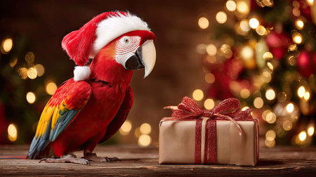 A vibrant parrot wearing a Santa hat stands beside a beautifully wrapped gift, creating a cheerful holiday scene with twinkling Christmas lights in the background.の素材