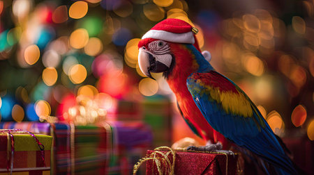 A vibrant parrot adorned with a Santa hat sits atop a colorful gift, surrounded by shimmering holiday decorations. Perfect for festive themes.の素材