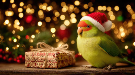 A charming green parrot wearing a Santa hat sits beside a beautifully wrapped gift. The festive background features twinkling lights, capturing a joyful holiday spirit.の素材