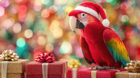 A vibrant parrot wearing a Santa hat sits among beautifully wrapped gift boxes, embodying the festive spirit of Christmas with a colorful backdrop.の素材