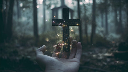 A hand cradles a shimmering cross amidst a serene forest, symbolizing faith and hope in a mystical atmosphere filled with soft light and tranquility.の素材
