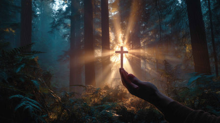 A serene hand holds a cross in a tranquil forest, illuminated by soft sunlight filtering through mist, creating a peaceful and spiritual atmosphere.の素材