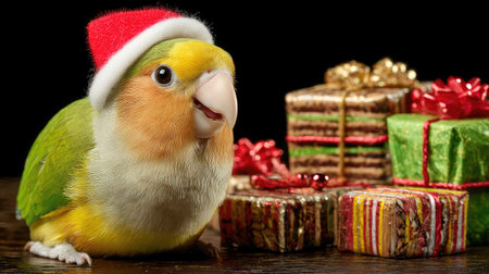A vibrant bird wearing a Santa hat poses with colorful holiday gifts. This cheerful scene embodies the joy of the festive season, perfect for holiday-themed projects.の素材