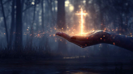 A mystical scene featuring a hand gently holding a glowing cross, illuminated in a dark forest setting. The ambiance evokes emotion and spirituality.の素材
