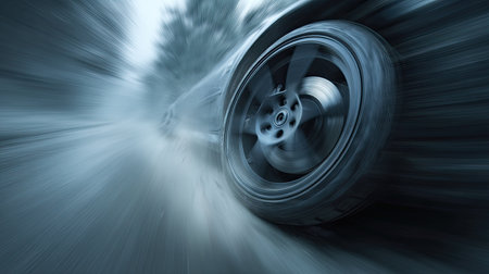 Capture the essence of speed with a motion-blurred car tire on asphalt. Experience the thrill of driving and the rush of adventure in dynamic visuals.の素材