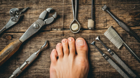 A closeup of a human foot resting on a wooden surface, surrounded by various dental and medical tools, emphasizing the importance of hygiene and care.の素材