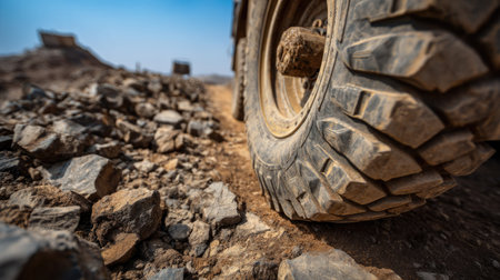 This close-up image showcases a heavy-duty tire on rugged terrain, emphasizing the texture of the tire and the uneven ground of a construction site.の素材
