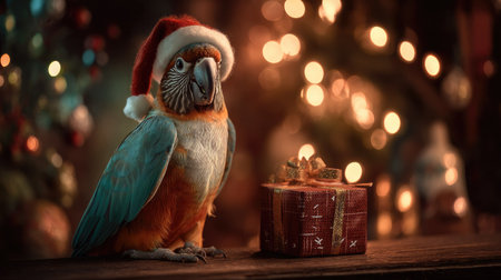 A vibrant parrot wearing a Santa hat sits next to a beautifully wrapped gift box, creating a joyful holiday atmosphere with soft bokeh lights.の素材