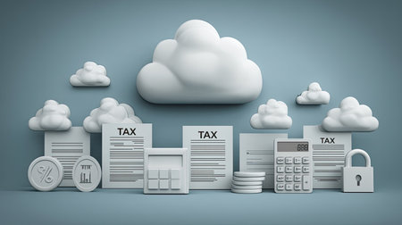 Visual representation of tax planning and financial calculation featuring cloud computing, documentation, calculators, and security elements. Ideal for finance and accounting themes.の素材