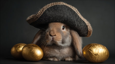 This charming image features a playful rabbit wearing a pirate hat, surrounded by golden eggs, perfect for festive and whimsical themes in photography.の素材