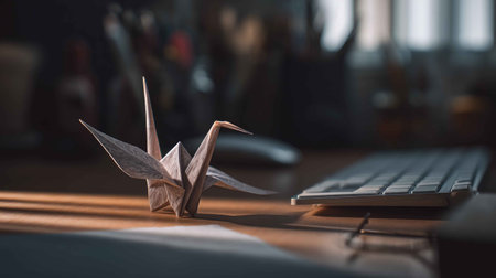 A beautifully crafted paper crane sits on a workspace desk beside a keyboard, illuminated by gentle light, symbolizing creativity and tranquility in a calm environment.の素材