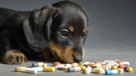 A cute puppy curiously examines a variety of colorful pills scattered on a gray background, highlighting themes of pet health and safety awareness.の素材