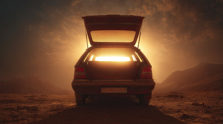 A captivating image of an open car trunk silhouetted against a stunning sunset and majestic mountains, evoking feelings of adventure and exploration in nature.の素材