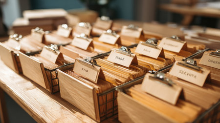 A collection of wooden card catalog boxes with labeled clipboards arranged in a modern office setting, showcasing a blend of organization and design aesthetics.の素材