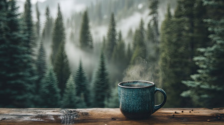 A cozy mug filled with a hot beverage sits on a rustic wooden surface, surrounded by misty green forests. The scene evokes tranquility and warmth, perfect for nature lovers.の素材