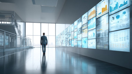 A business professional explores data visualizations in a modern office space, showcasing analytics and insights that drive strategic decisions and enhance productivity.の素材