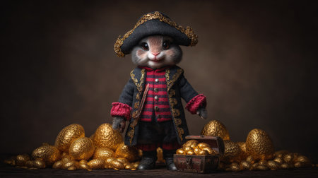 Charming animal pirate character with a detailed costume stands proudly before a mound of gold coins and treasure. The enchanting scene inspires adventure and playfulness.の素材