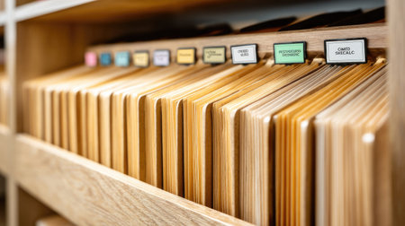 A wooden cabinet filled with neatly organized files and folders, showcasing a colorful labeling system for efficient document management in an office setting.の素材